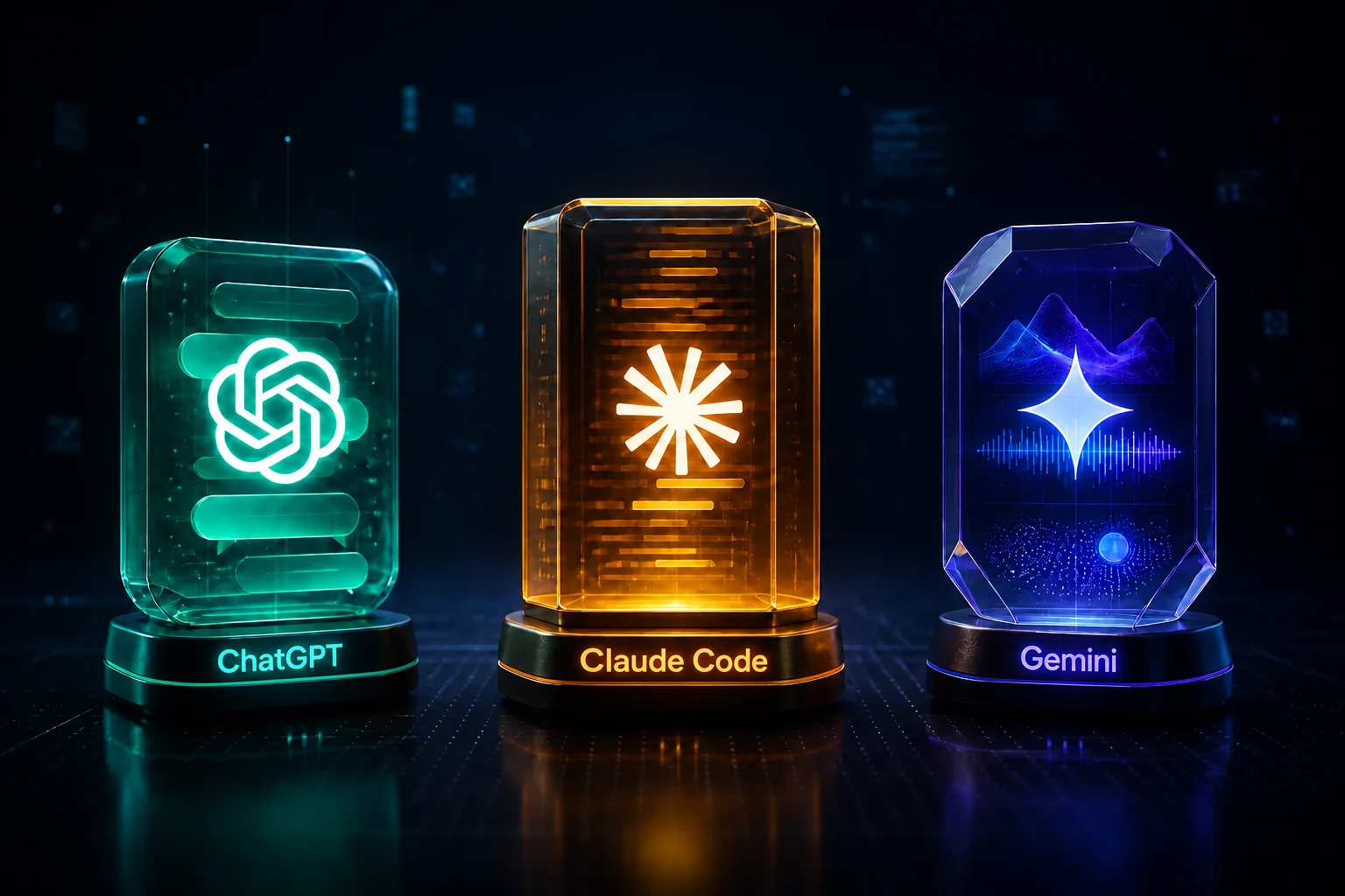 Núcleos tecnológicos identificados como ChatGPT, Claude Code e Gemini