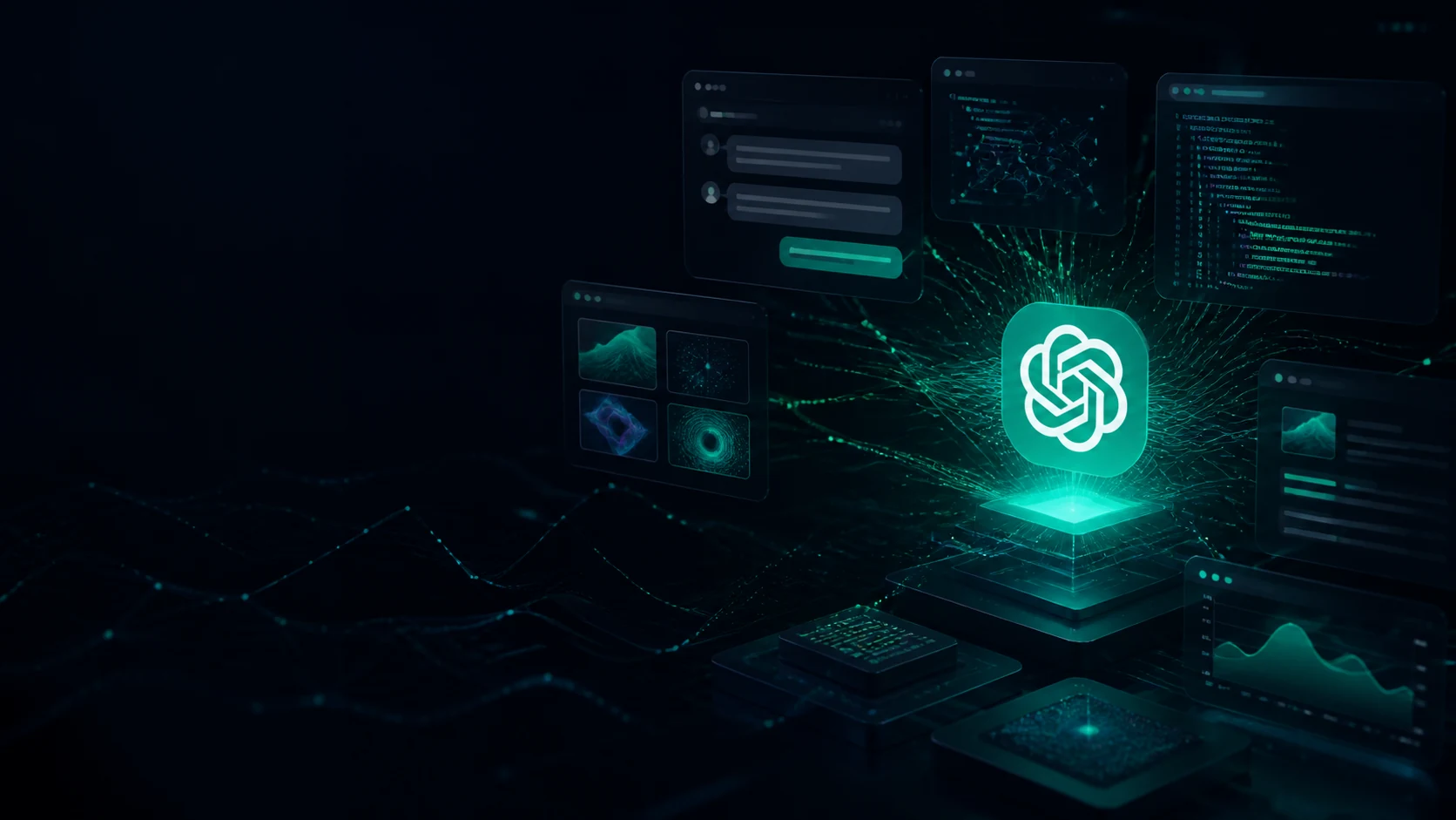 Interface tecnológica de inteligência artificial com painéis de conversa e análise