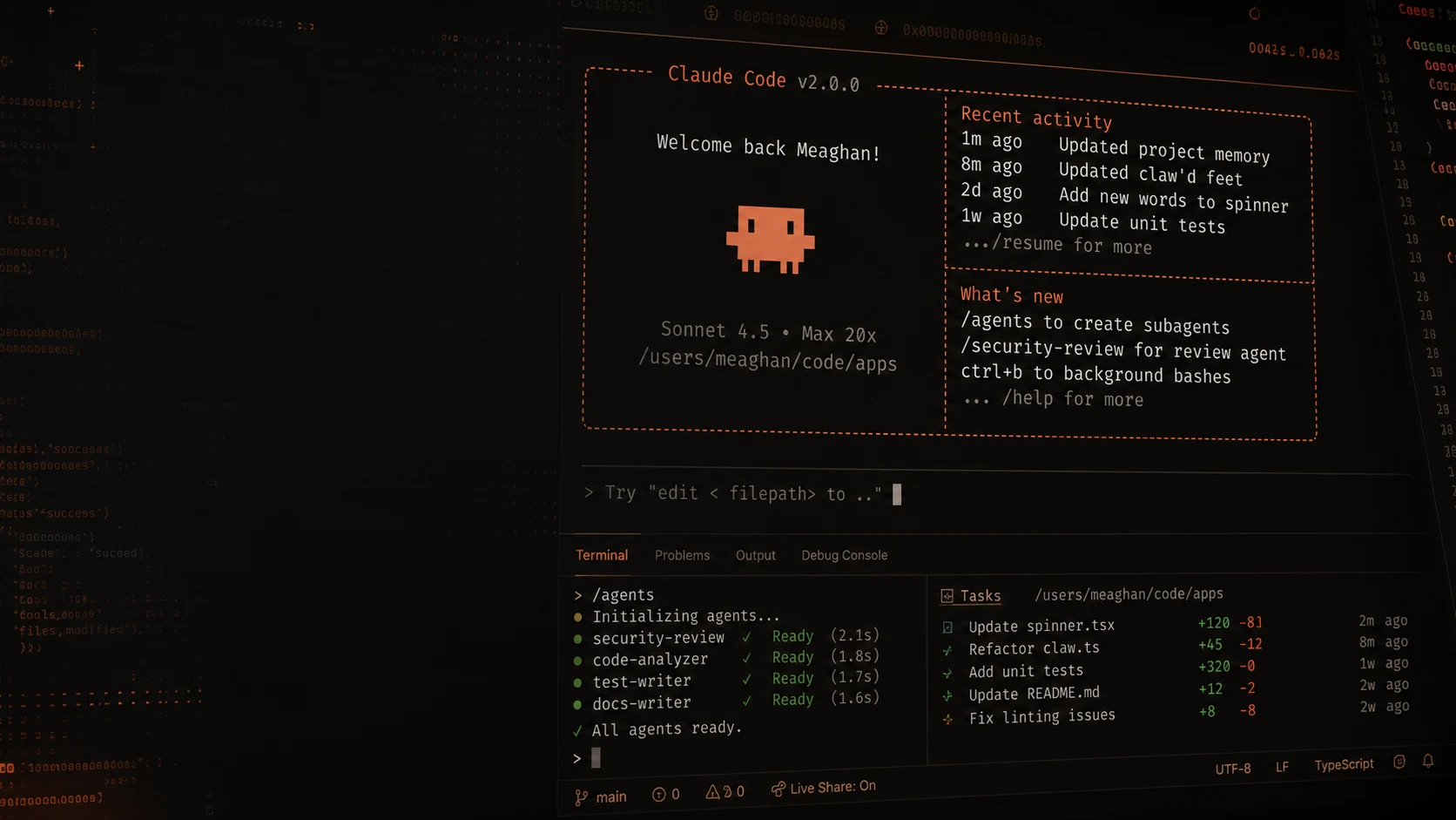 Ambiente de desenvolvimento com terminal e painéis de automação do Claude Code